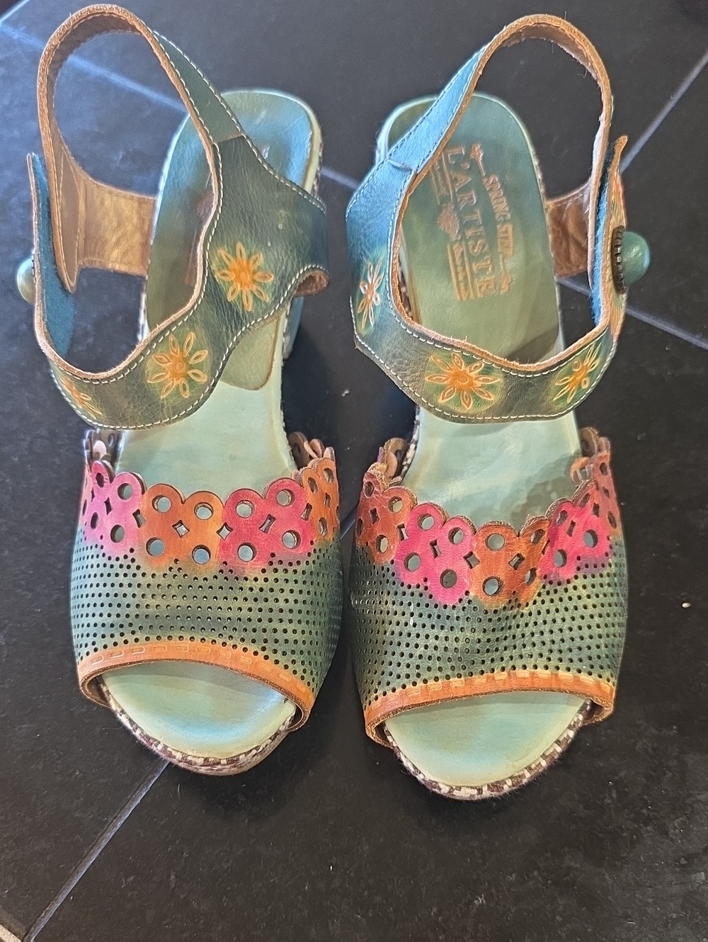 L'Artiste Teal & Pink Perforated Leather Heels